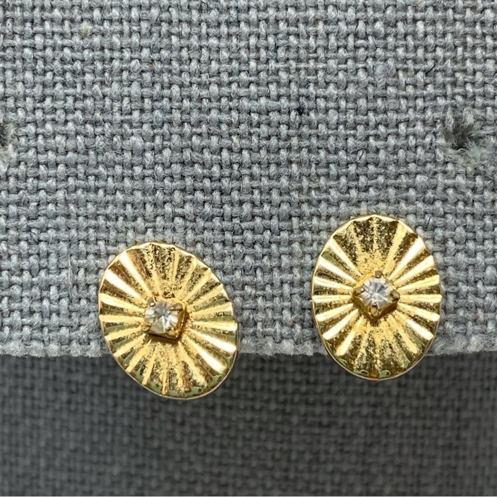 Avon Oval Gold Toned Sunburst Clip On Earrings With Rhinestone